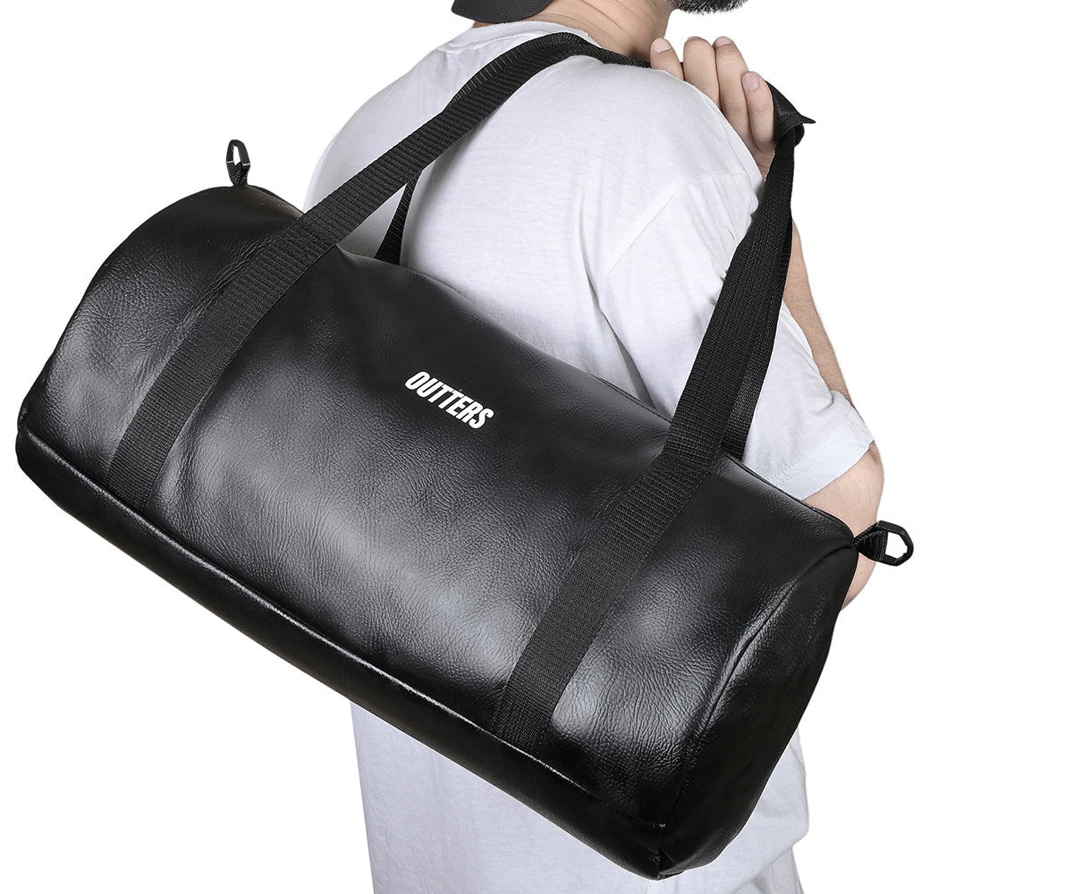 Black PU Leather Men's Large Roll Handbag Travel Duffle Gym Luggage Bag Tote Shoulder Bag with detachable long strap